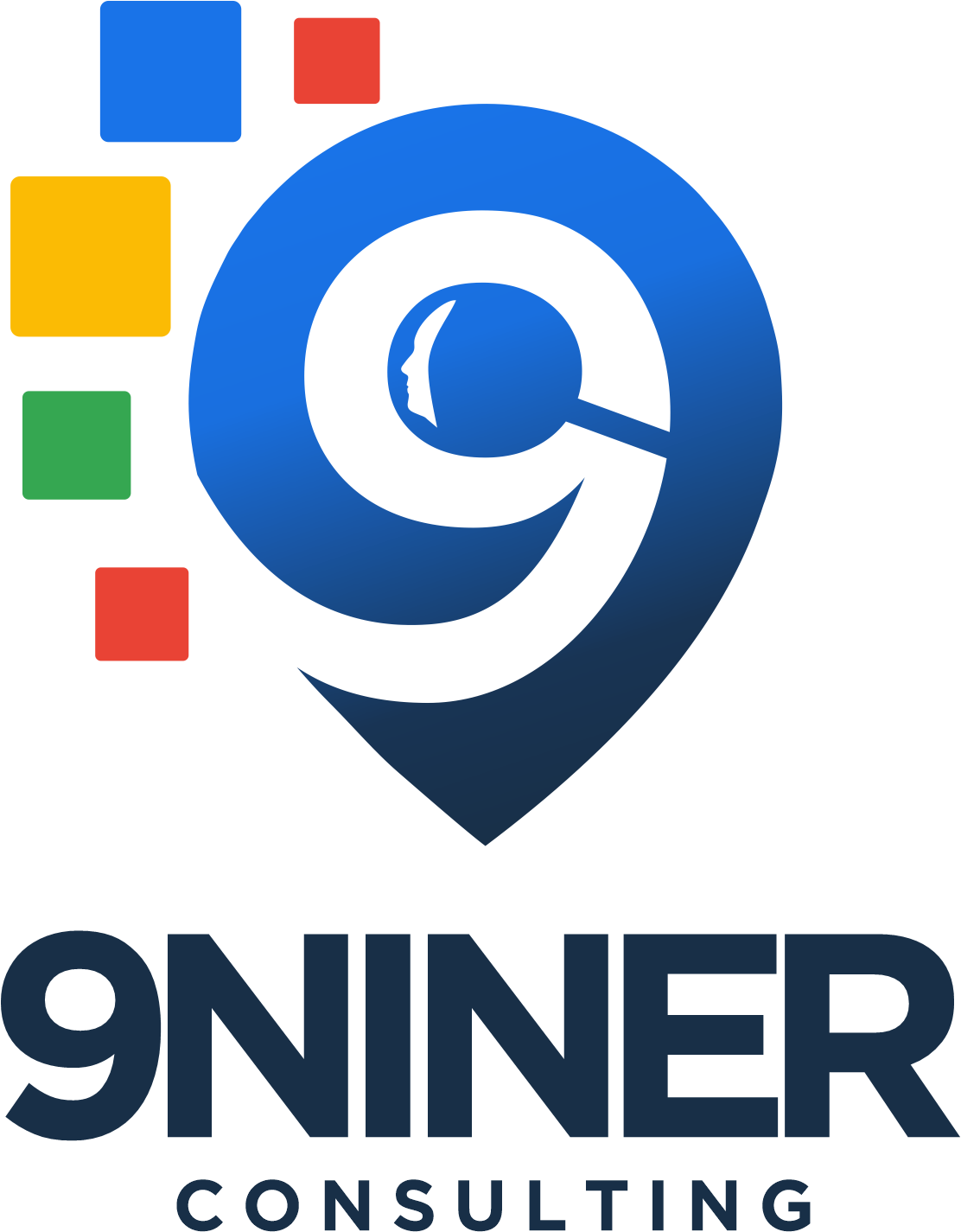 Logo of 9Niner Consulting with magnifying glass, pixel blocks in blue, green, yellow, and red, and text below.