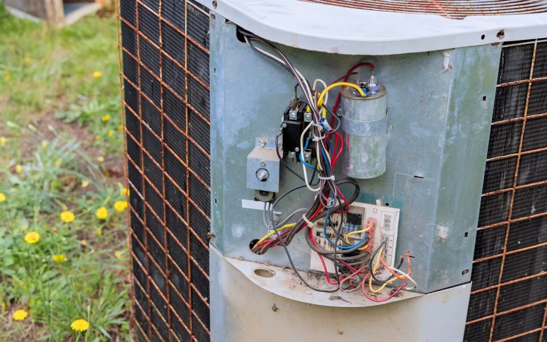 Open outdoor air conditioning unit with exposed wires and components, surrounded by grass and dandelions.