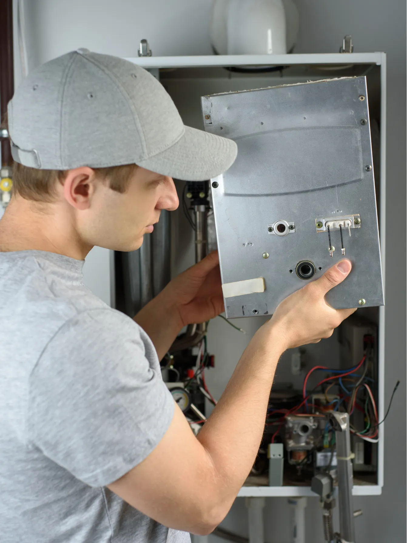 heating-1 Man in a gray cap repairs an open gas boiler, holding a metal panel with exposed wires and components.